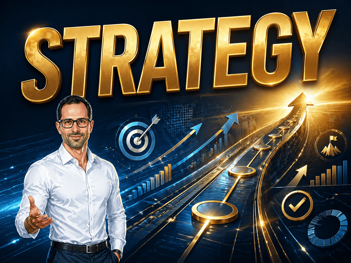 Business strategist pointing towards growth and success indicators.
