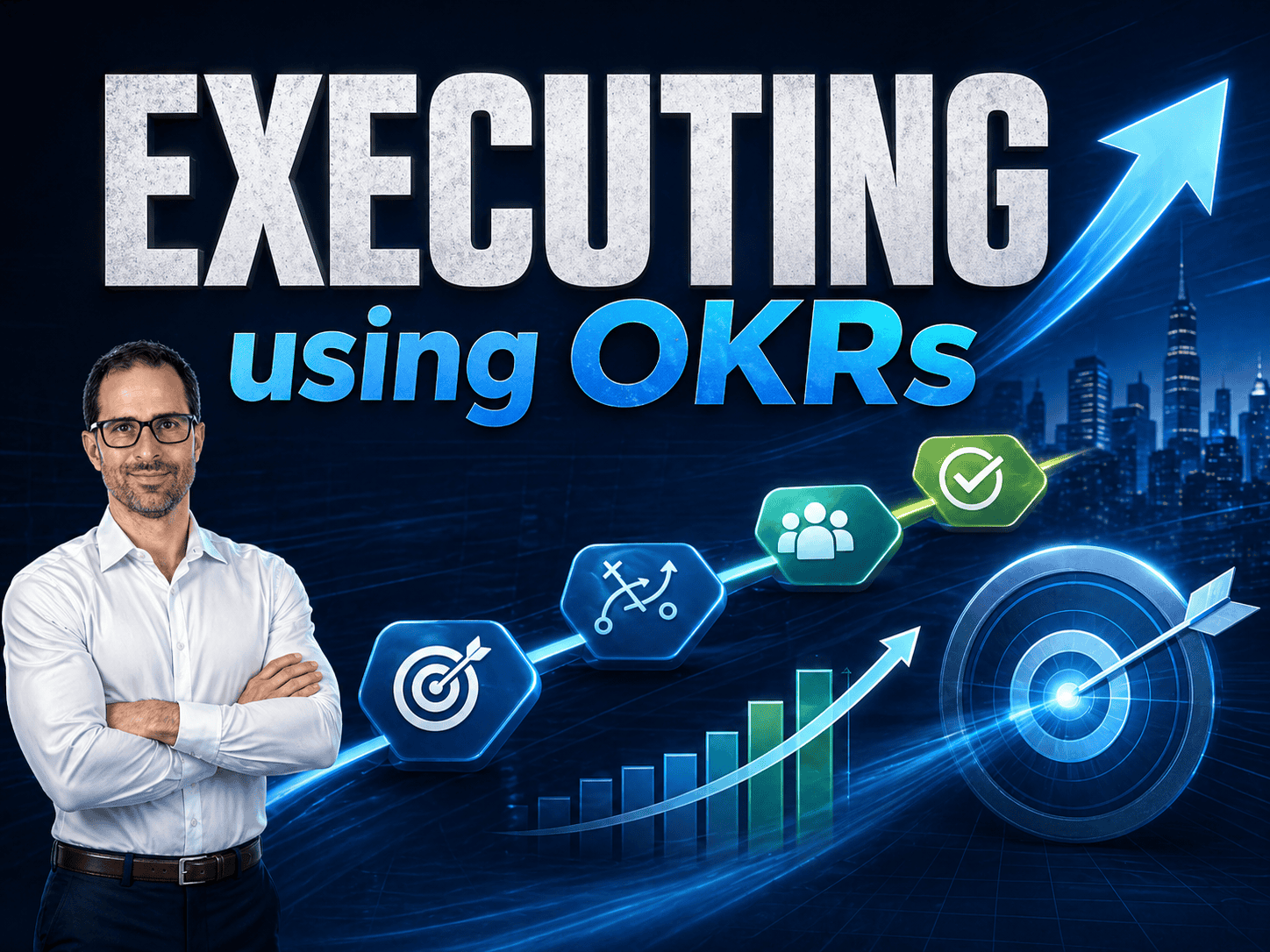 Business professional presenting OKRs for strategic goal execution.