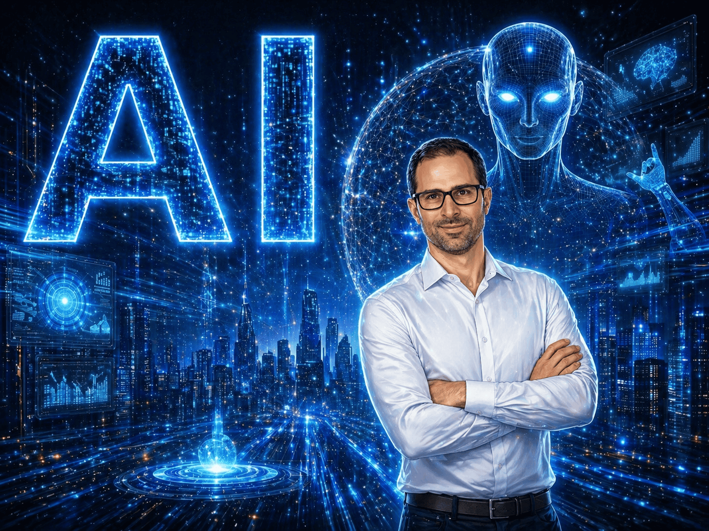 Business leader with AI and futuristic digital background emphasizing AI innovation.