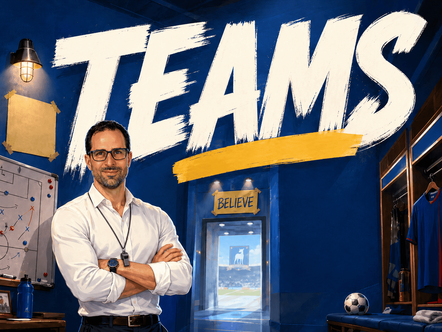Business leader in a modern office with "TEAMS" sign, promoting team building strategies.