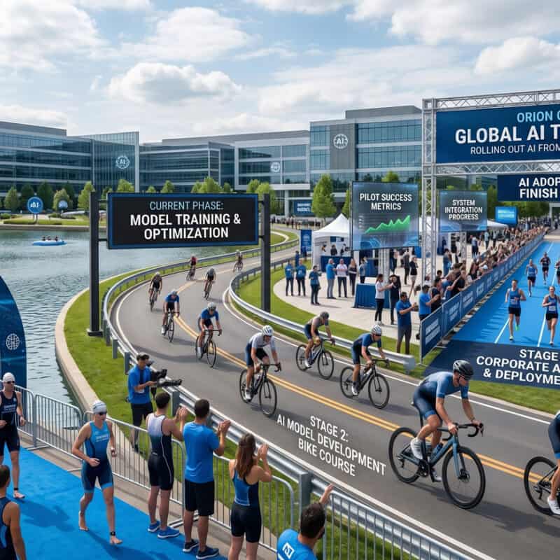 An outdoor triathlon training event with cyclists, runners, and swimmers at Data Lake for fitness en.