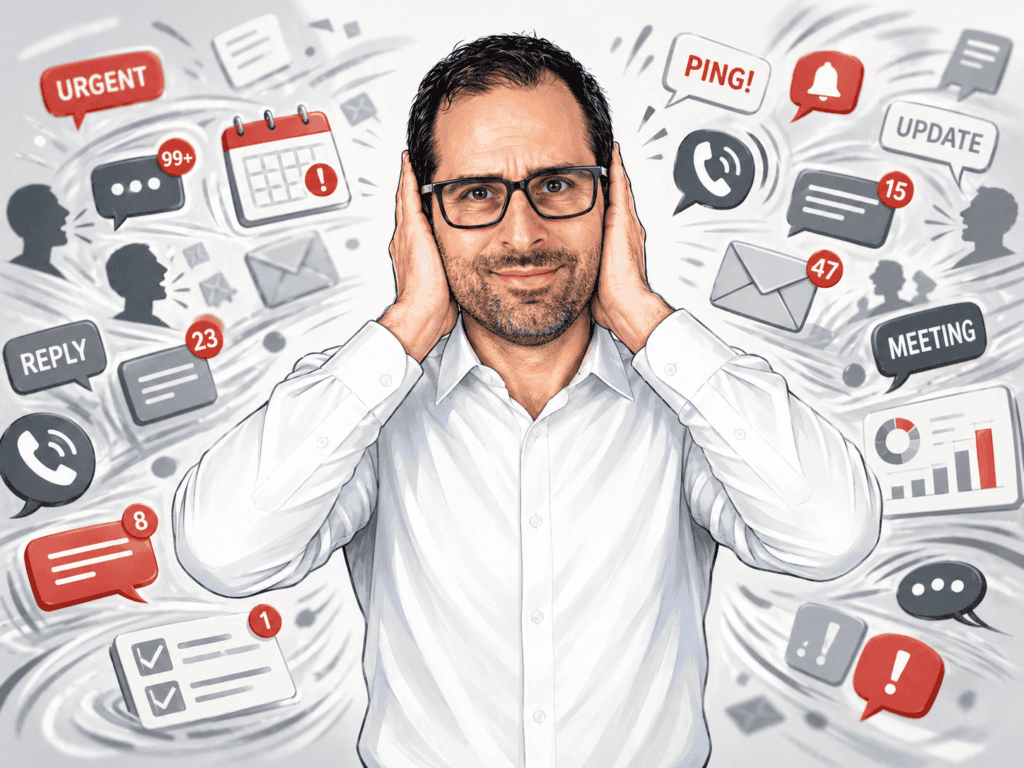 Man covering ears amid numerous email, message, and alert icons.