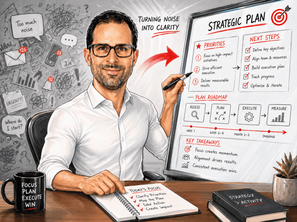 Business strategist Mario Fiorucci presenting a strategic plan on whiteboard.